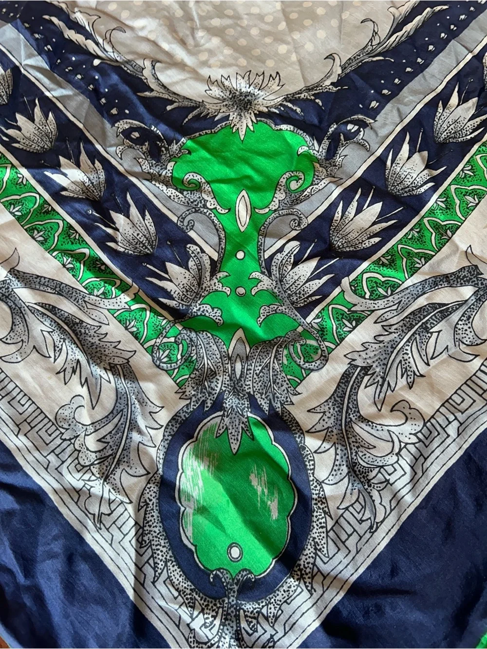 Green Navy and White Floral Silk Scarf 26“ x 26“ probably silk